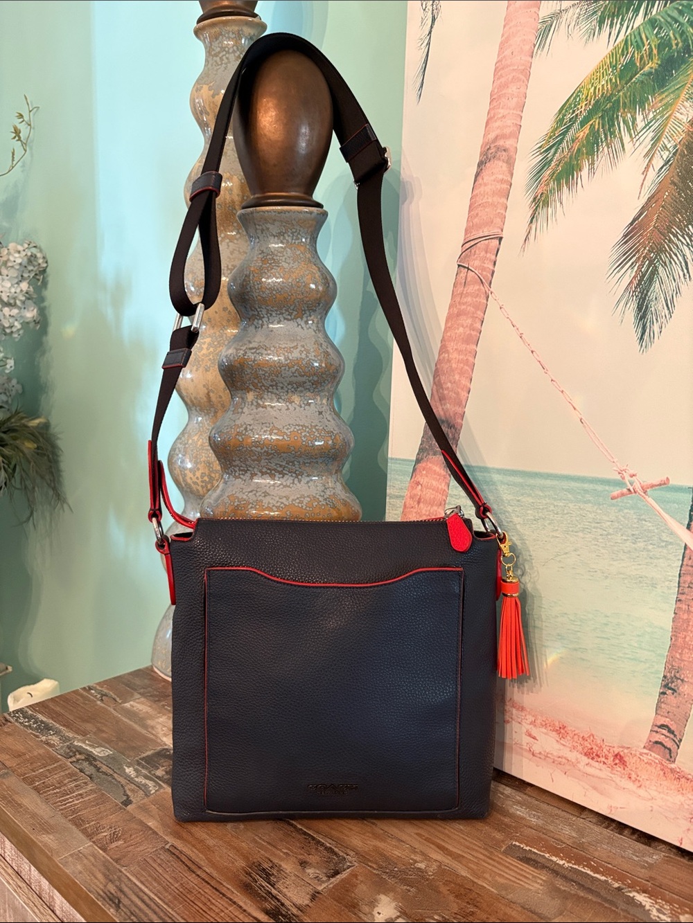 Coach leather Navy Crossbody with Red Trim and Tassel stunning bag